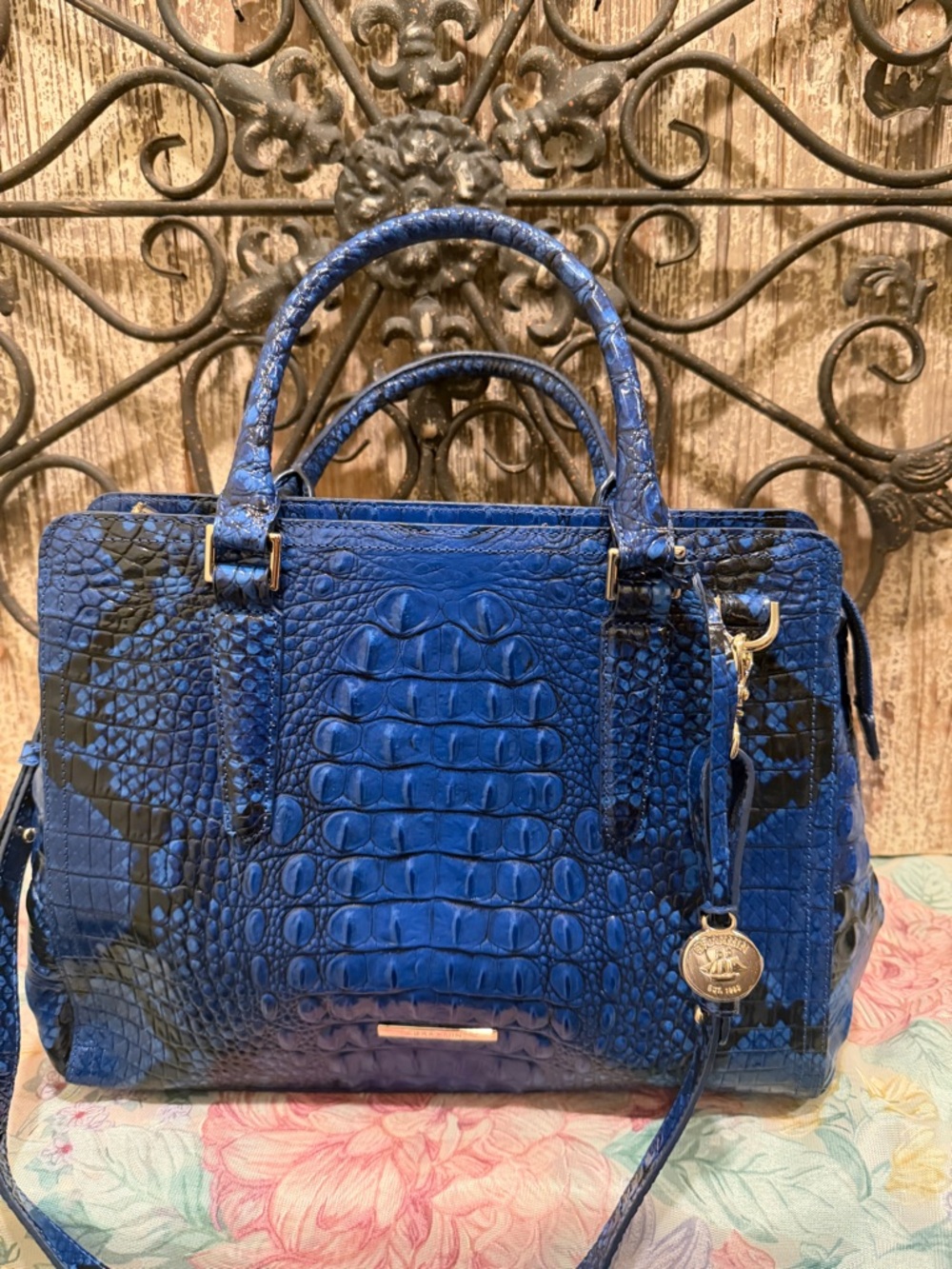 Brahmin Croc-Embossed Satchel Finley Blue Viper Ombre Melbourne leather purse